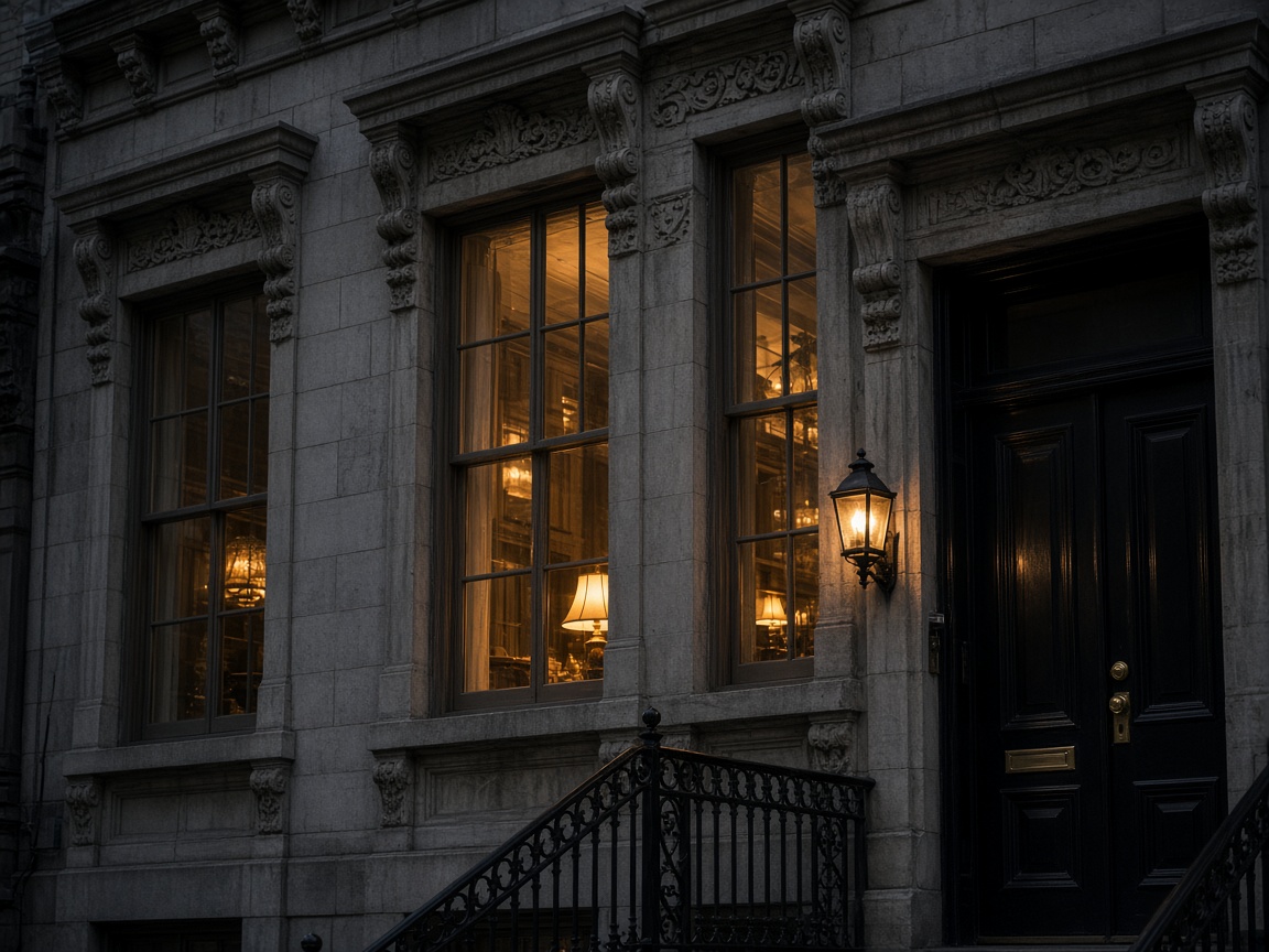 Historic limestone facade with glowing windows at dusk